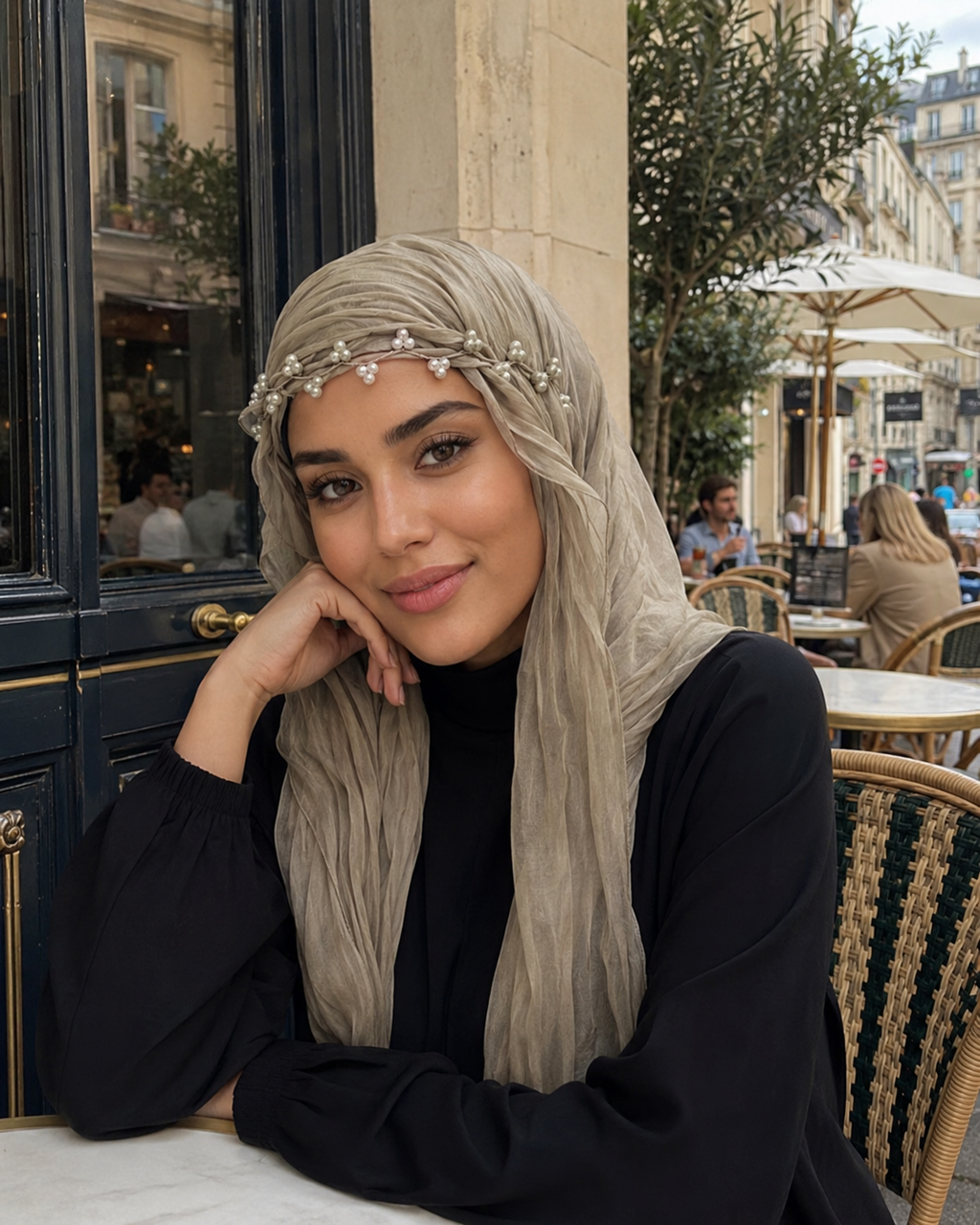 RY302 Light Taupe Crinkled Tulle Hijab Scarf – Glossy Stretch Breathable Headscarf