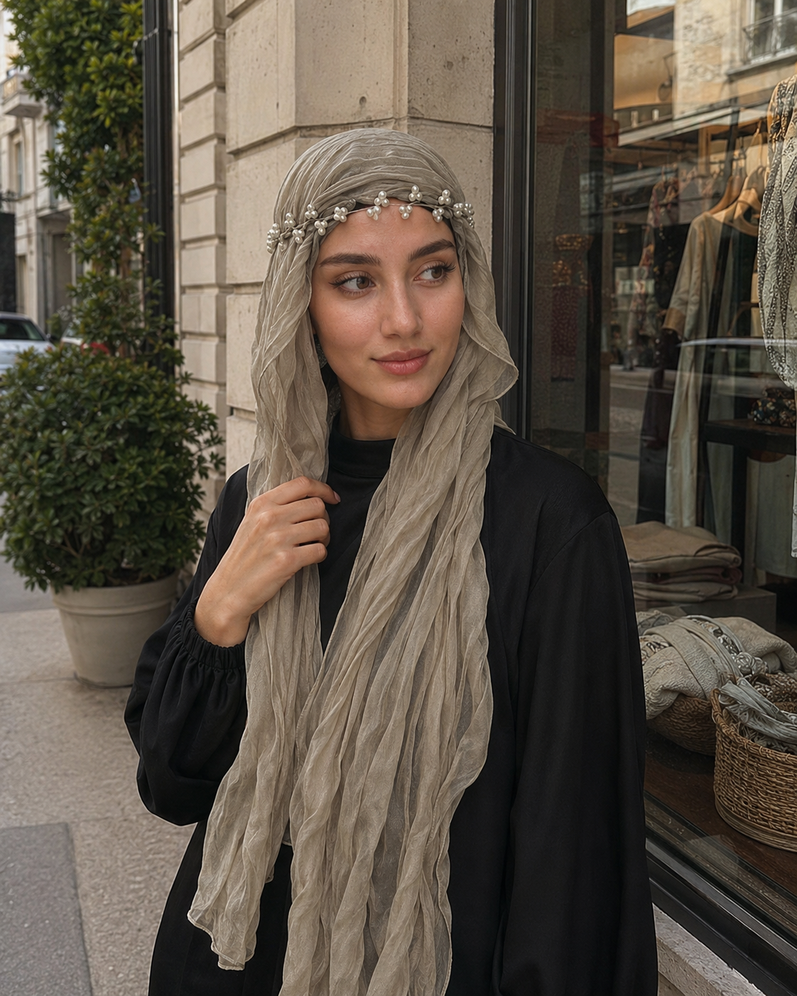 RY302 Light Taupe Crinkled Tulle Hijab Scarf – Glossy Stretch Breathable Headscarf