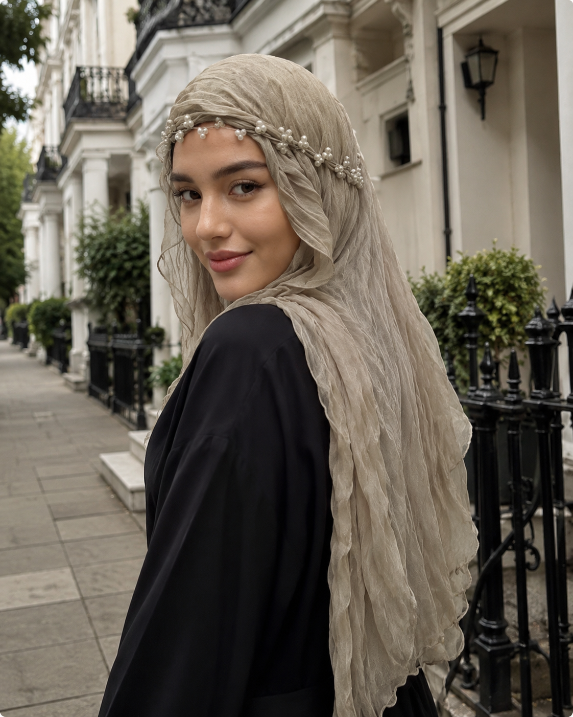 RY302 Light Taupe Crinkled Tulle Hijab Scarf – Glossy Stretch Breathable Headscarf
