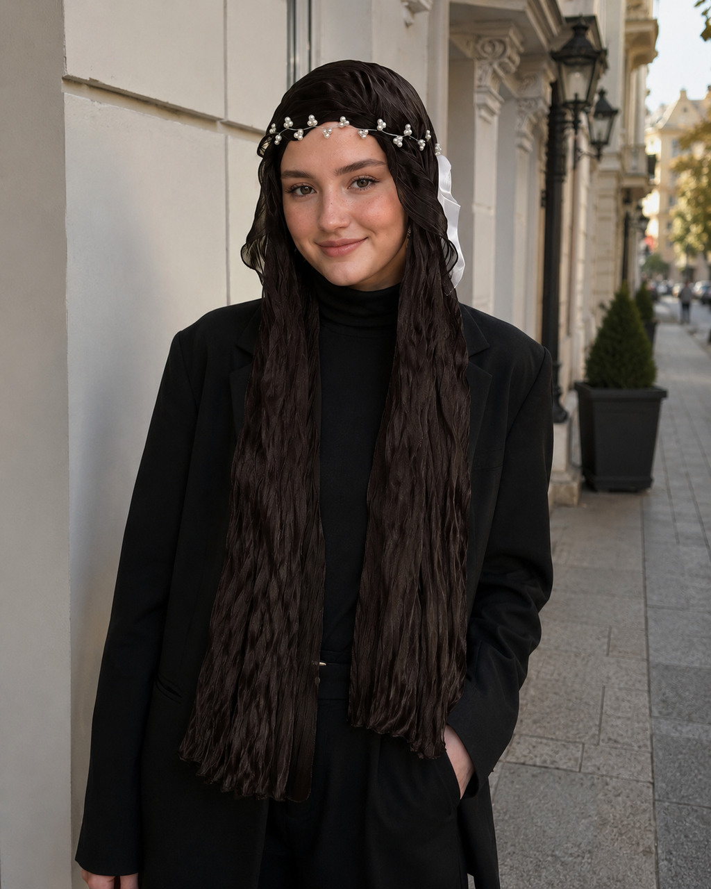 RY303 Dark Coffee Crinkled Tulle Hijab Scarf – Glossy Stretch Breathable Headscarf