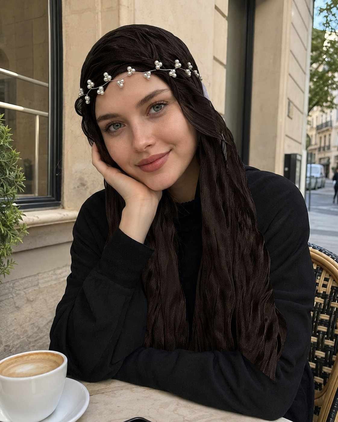 RY303 Dark Coffee Crinkled Tulle Hijab Scarf – Glossy Stretch Breathable Headscarf