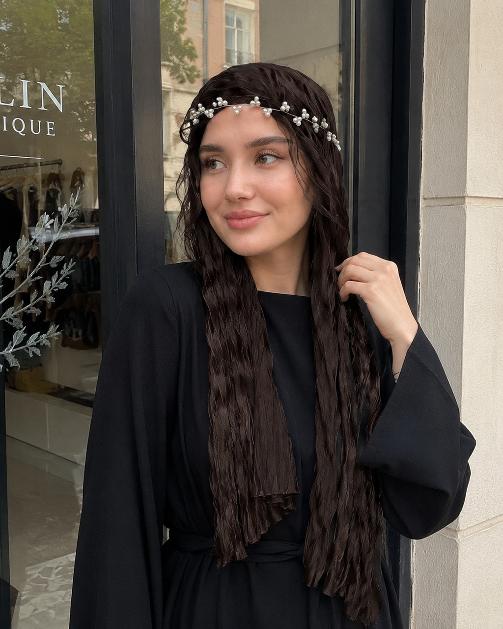 RY303 Dark Coffee Crinkled Tulle Hijab Scarf – Glossy Stretch Breathable Headscarf