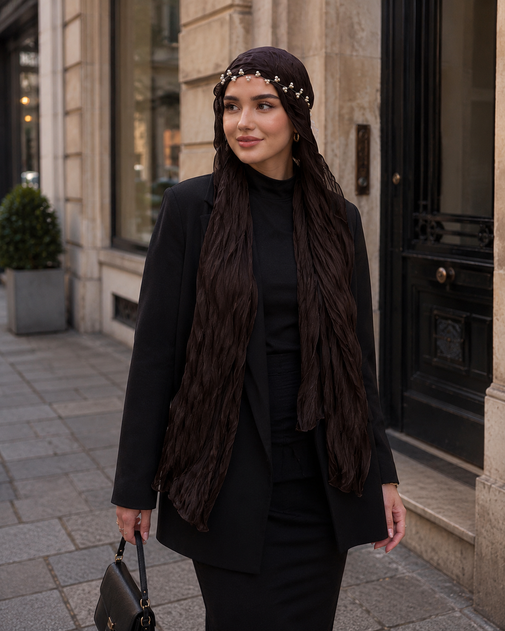 RY303 Dark Coffee Crinkled Tulle Hijab Scarf – Glossy Stretch Breathable Headscarf