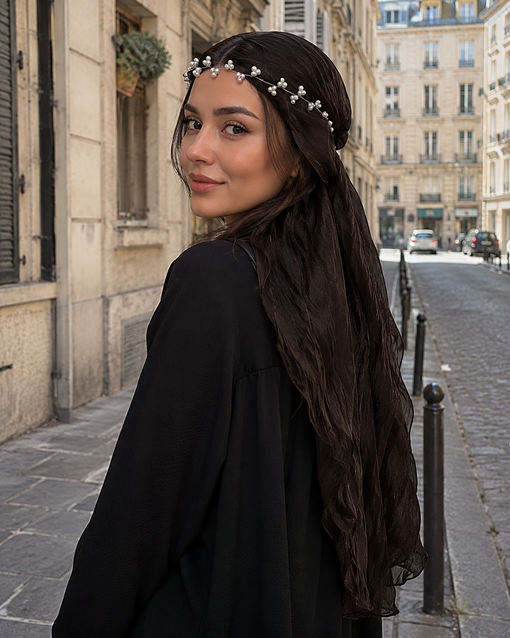 RY303 Dark Coffee Crinkled Tulle Hijab Scarf – Glossy Stretch Breathable Headscarf
