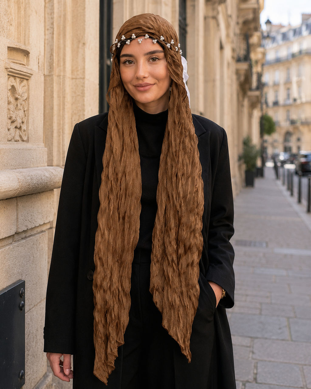 RY305 Caramel Brown Crinkled Tulle Hijab Scarf – Glossy Stretch Breathable Headscarf