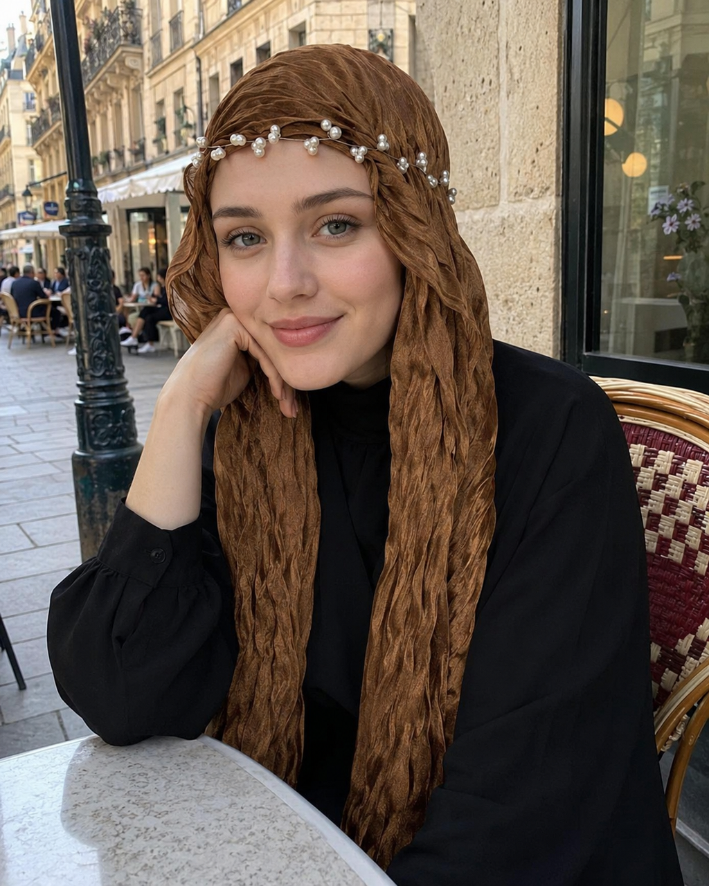 RY305 Caramel Brown Crinkled Tulle Hijab Scarf – Glossy Stretch Breathable Headscarf
