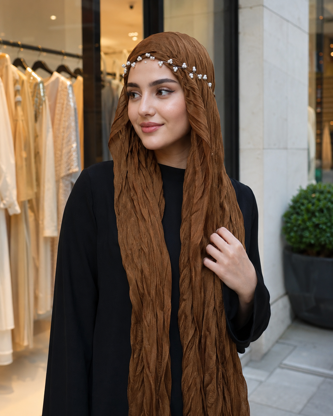 RY305 Caramel Brown Crinkled Tulle Hijab Scarf – Glossy Stretch Breathable Headscarf