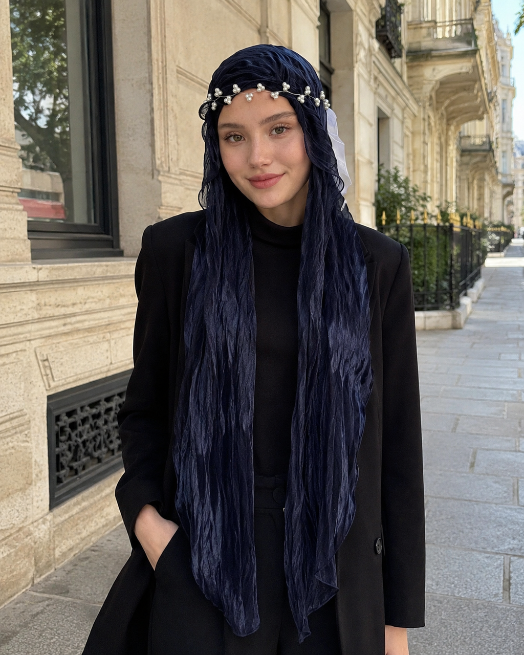 RY306 Midnight Blue Crinkled Tulle Hijab Scarf – Glossy Stretch Breathable Headscarf