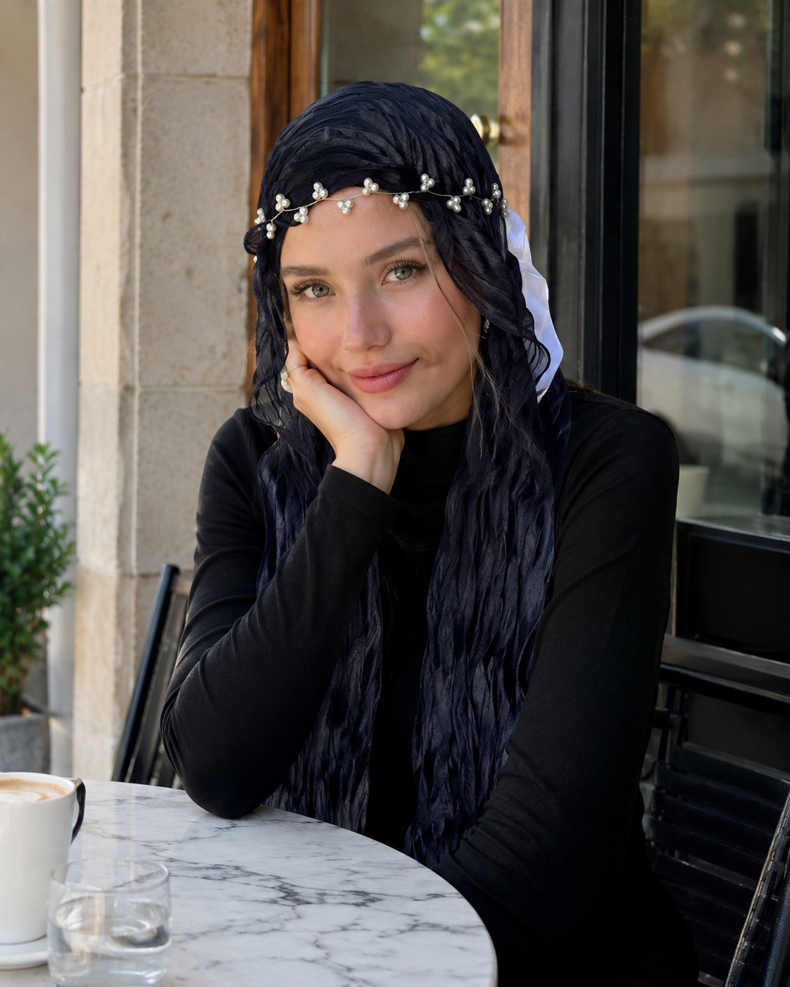 RY306 Midnight Blue Crinkled Tulle Hijab Scarf – Glossy Stretch Breathable Headscarf