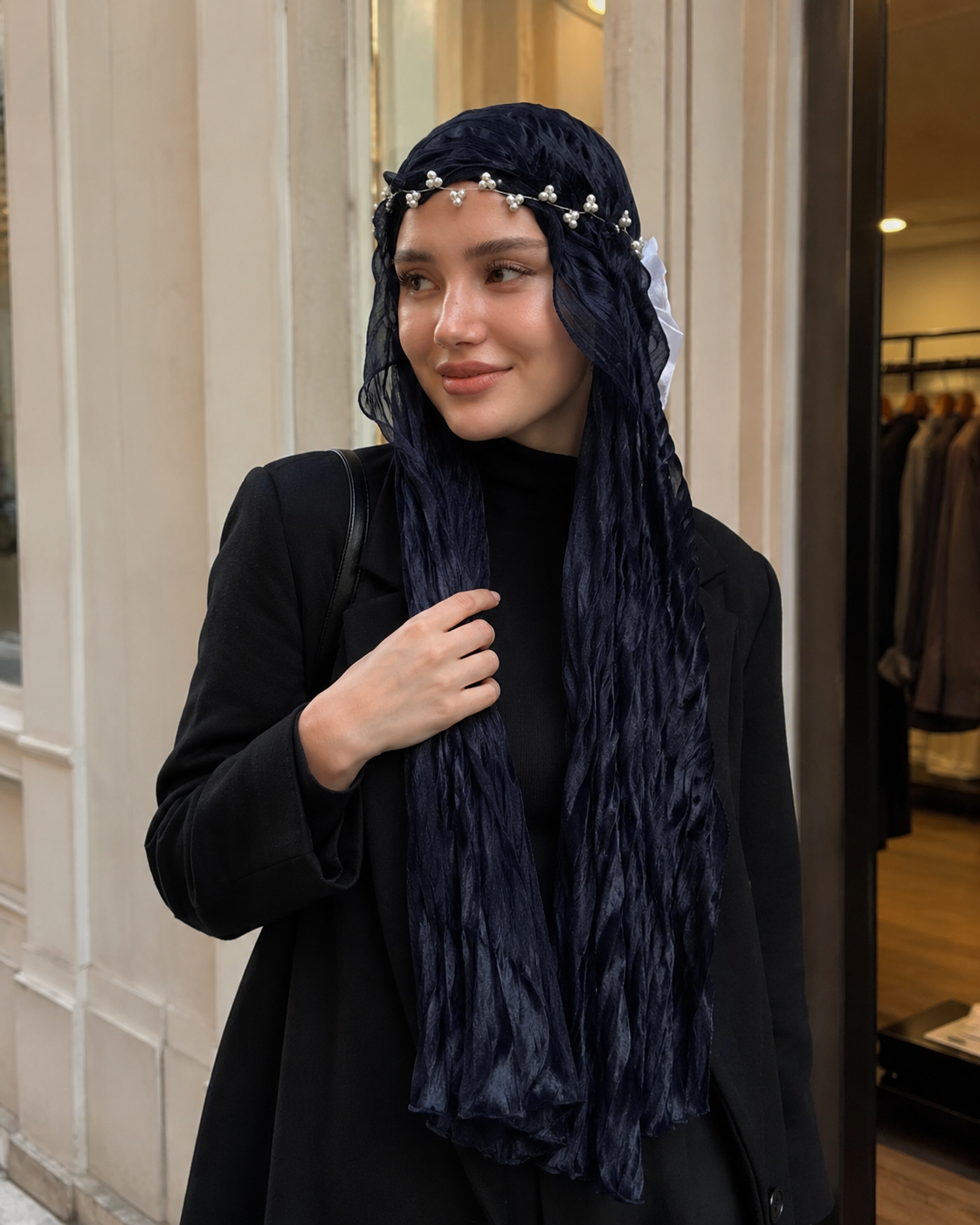 RY306 Midnight Blue Crinkled Tulle Hijab Scarf – Glossy Stretch Breathable Headscarf