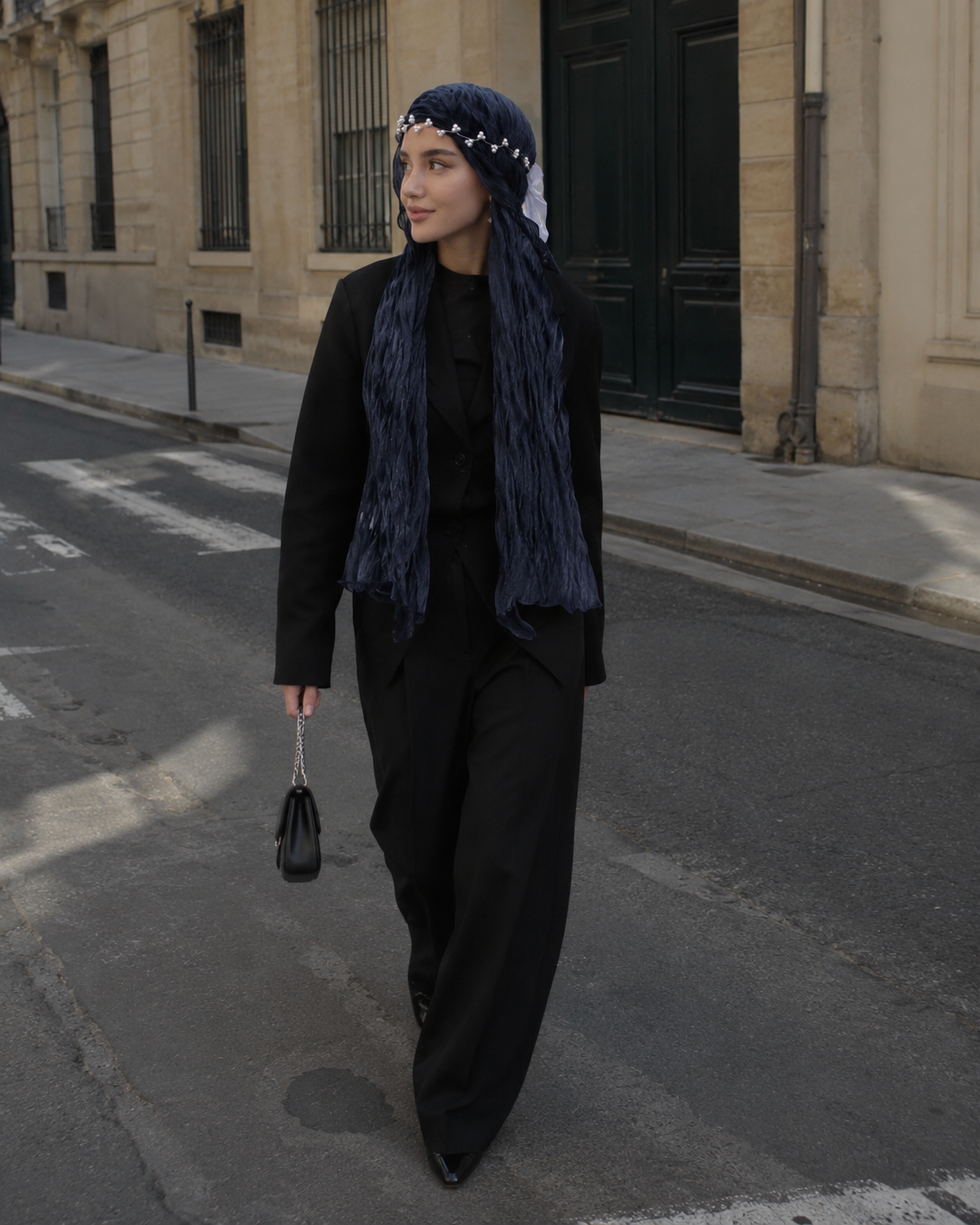 RY306 Midnight Blue Crinkled Tulle Hijab Scarf – Glossy Stretch Breathable Headscarf