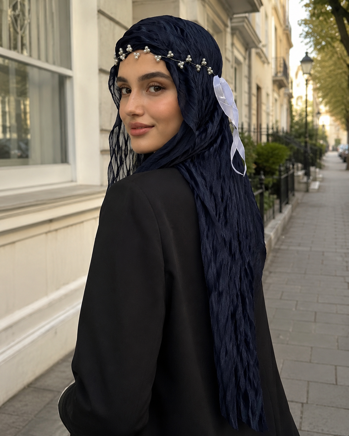 RY306 Midnight Blue Crinkled Tulle Hijab Scarf – Glossy Stretch Breathable Headscarf