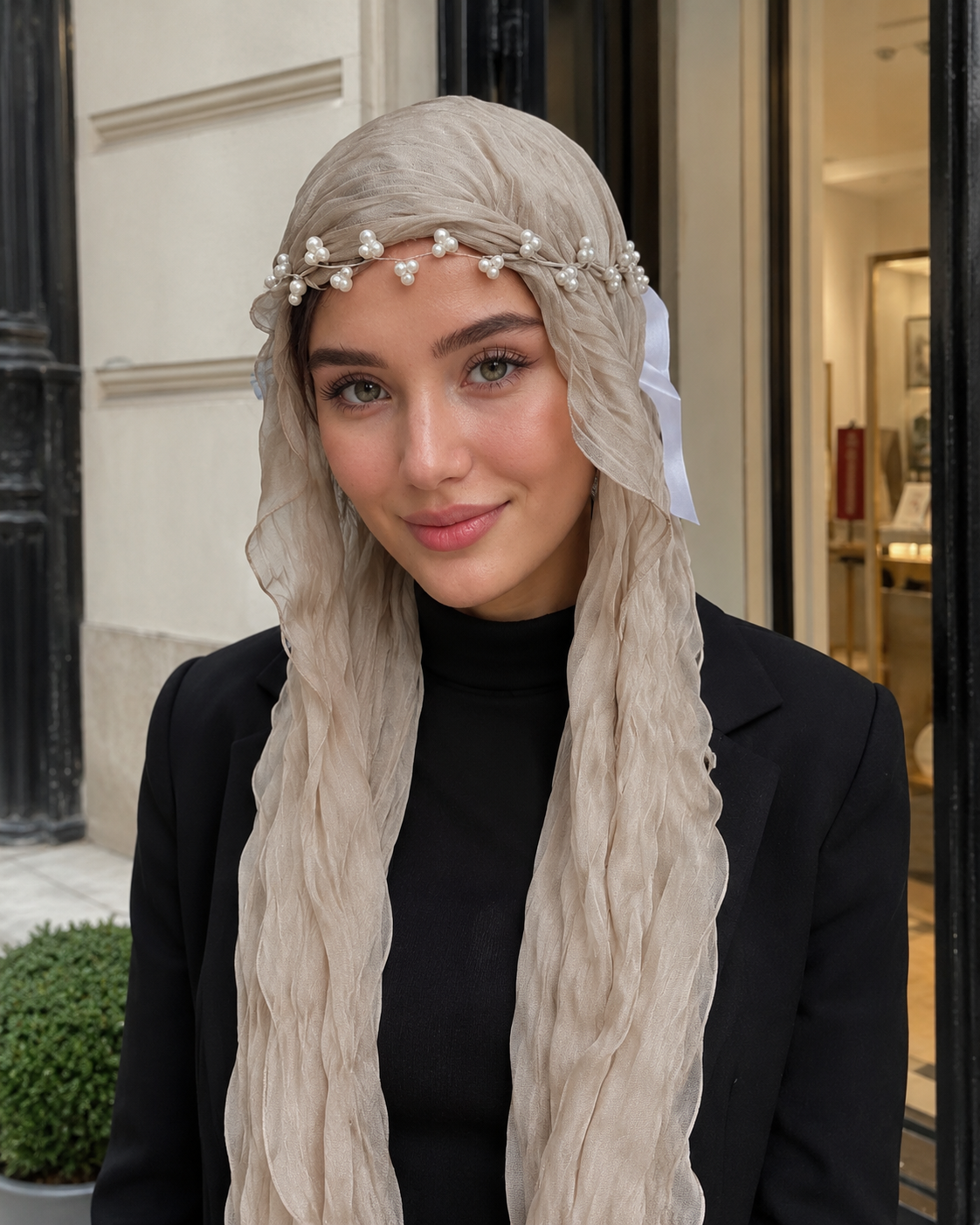 RY307 Light Coffee Crinkled Tulle Hijab Scarf – Glossy Stretch Breathable Headscarf
