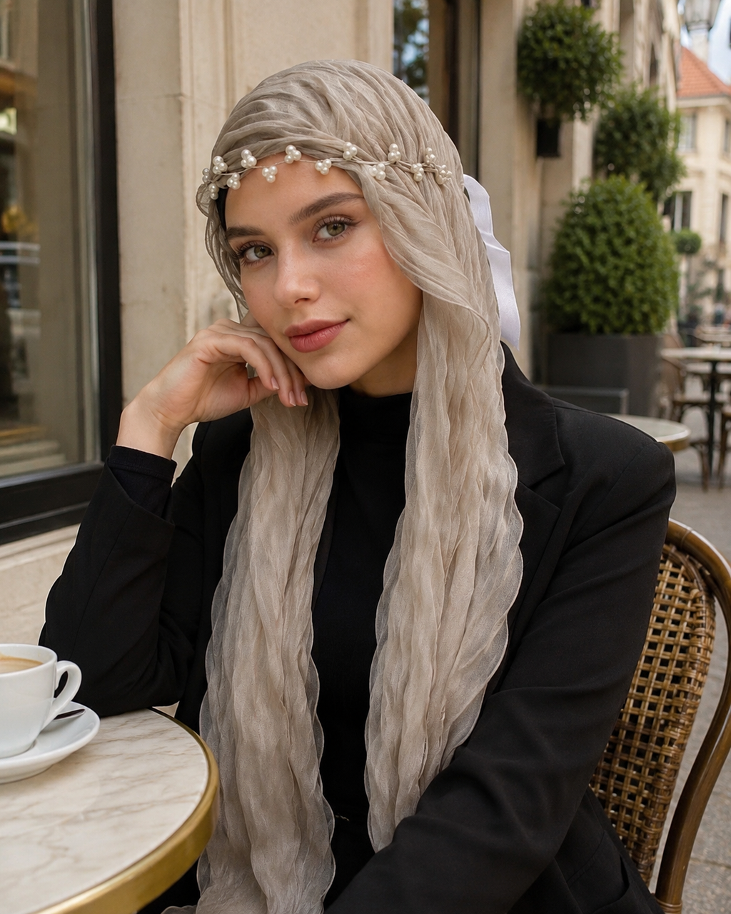 RY307 Light Coffee Crinkled Tulle Hijab Scarf – Glossy Stretch Breathable Headscarf