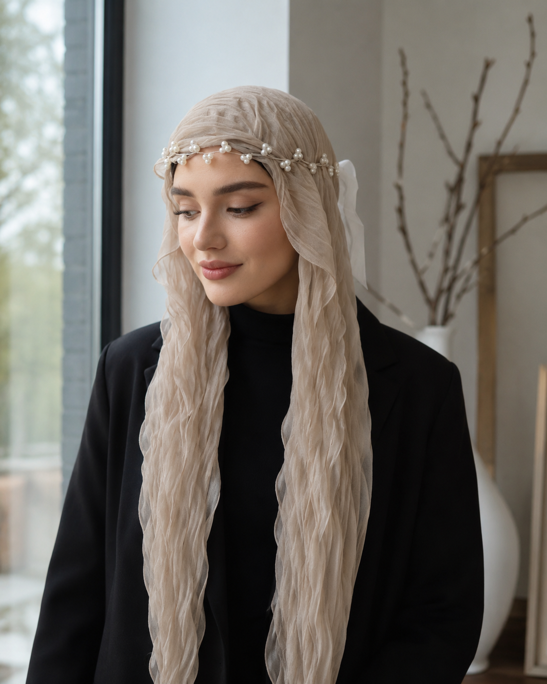 RY307 Light Coffee Crinkled Tulle Hijab Scarf – Glossy Stretch Breathable Headscarf