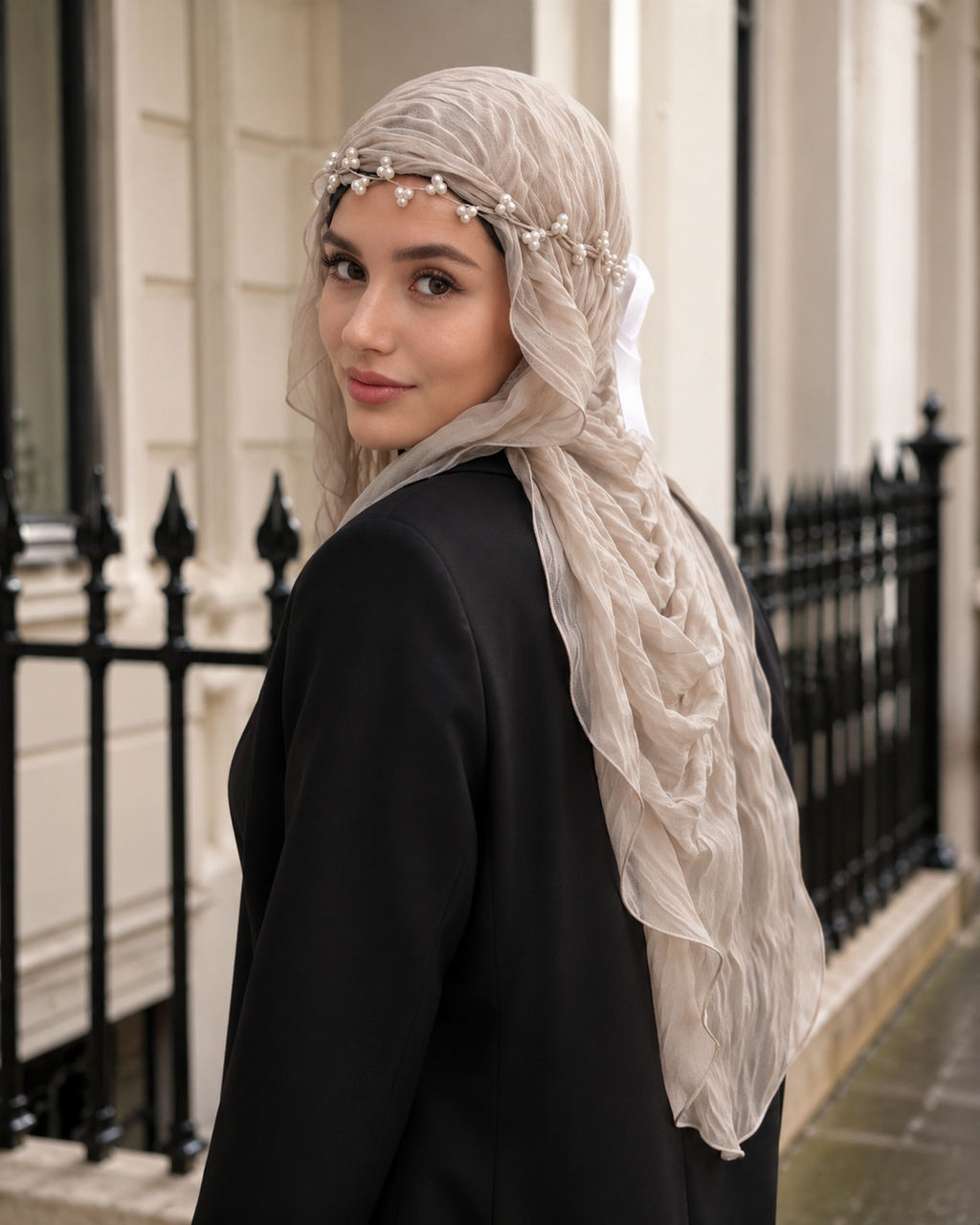 RY307 Light Coffee Crinkled Tulle Hijab Scarf – Glossy Stretch Breathable Headscarf