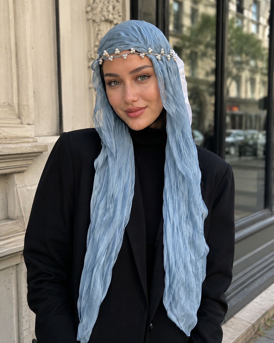 RY308 Light Sky Blue Crinkled Tulle Hijab Scarf – Glossy Stretch Breathable Headscarf