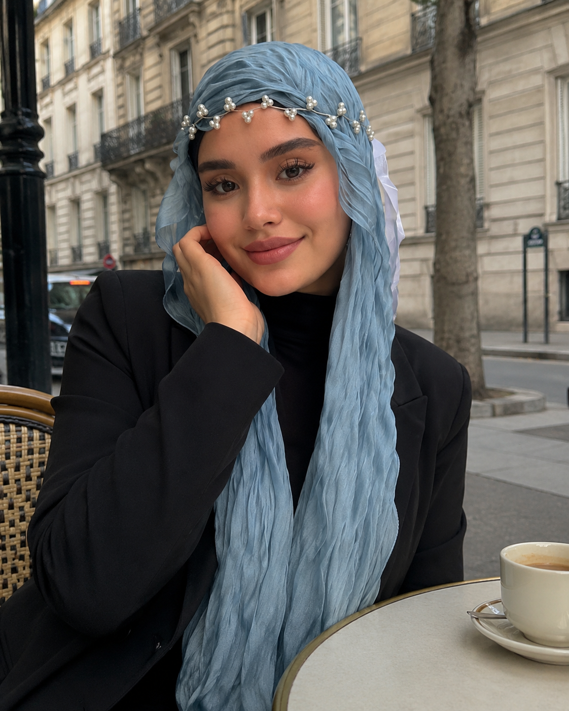 RY308 Light Sky Blue Crinkled Tulle Hijab Scarf – Glossy Stretch Breathable Headscarf