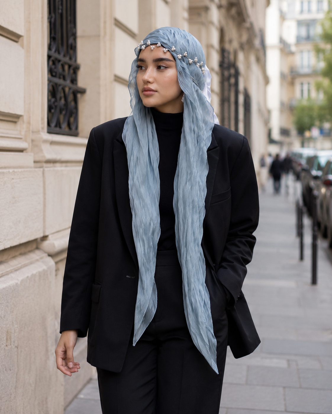 RY308 Light Sky Blue Crinkled Tulle Hijab Scarf – Glossy Stretch Breathable Headscarf