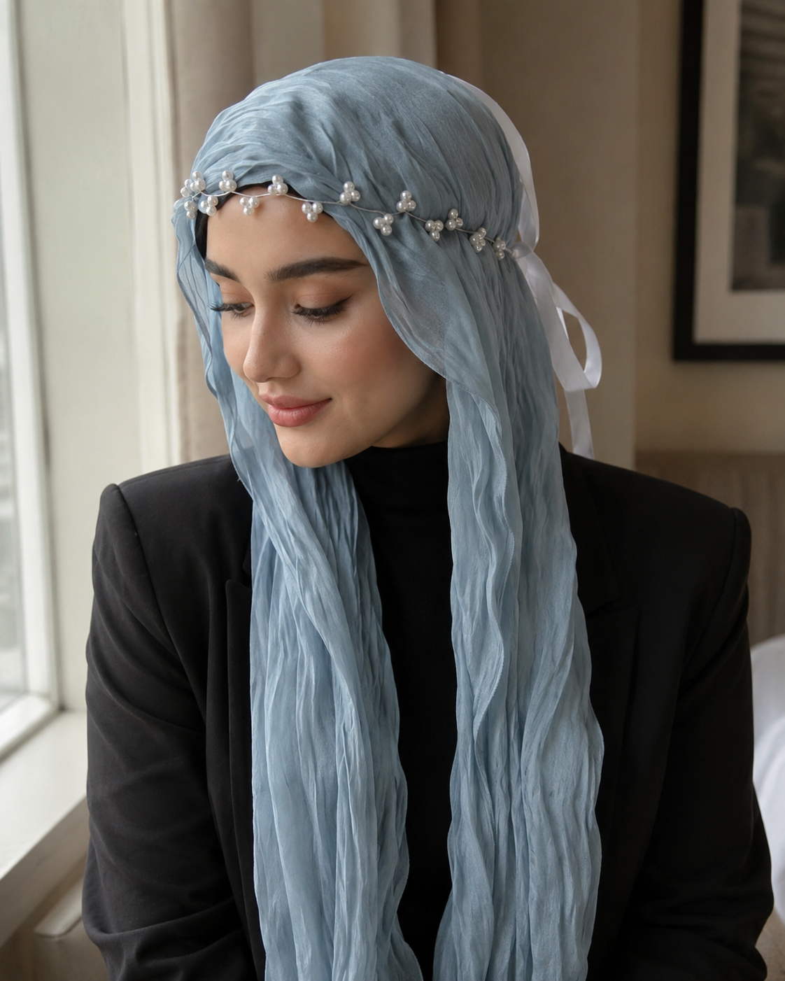RY308 Light Sky Blue Crinkled Tulle Hijab Scarf – Glossy Stretch Breathable Headscarf