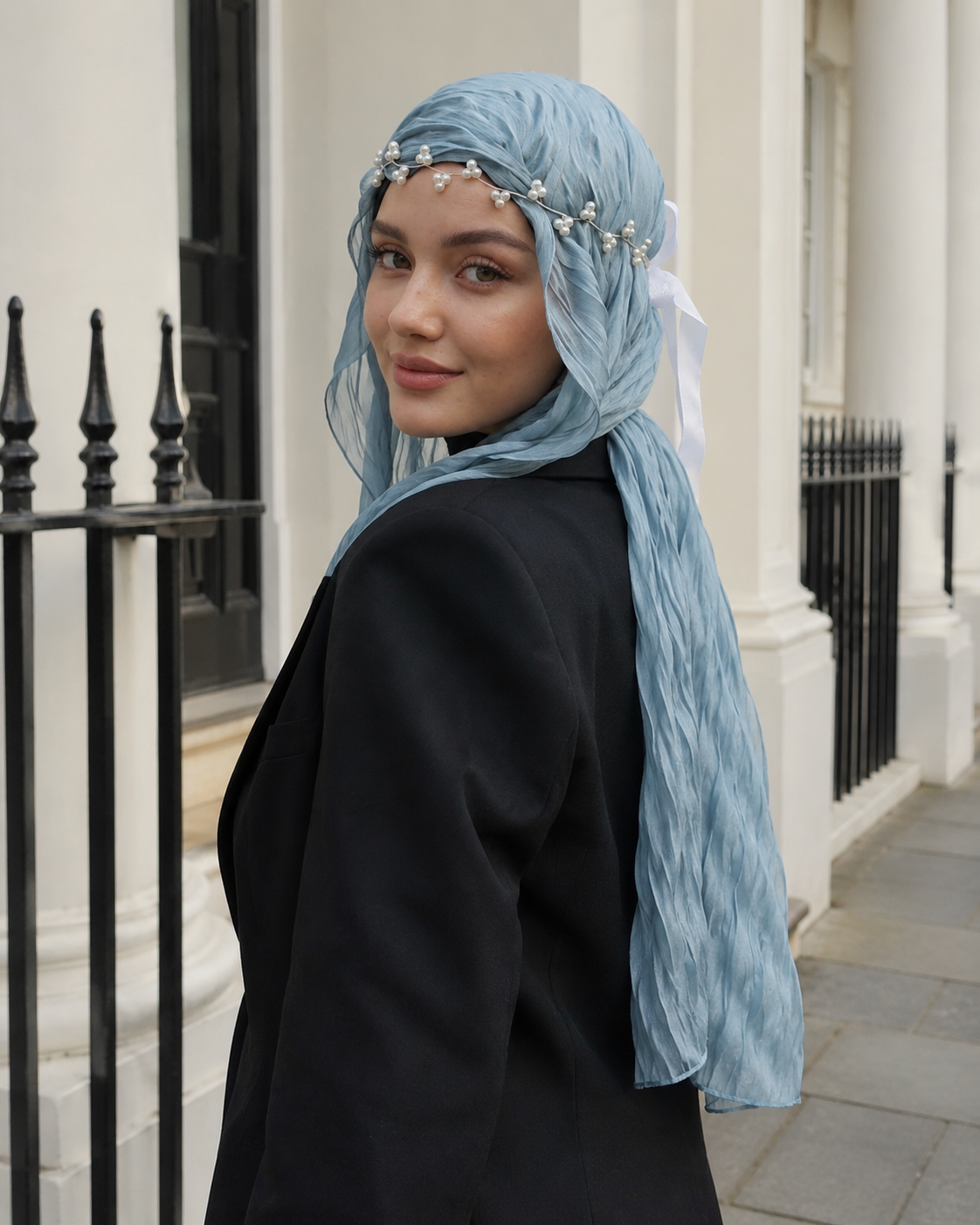 RY308 Light Sky Blue Crinkled Tulle Hijab Scarf – Glossy Stretch Breathable Headscarf