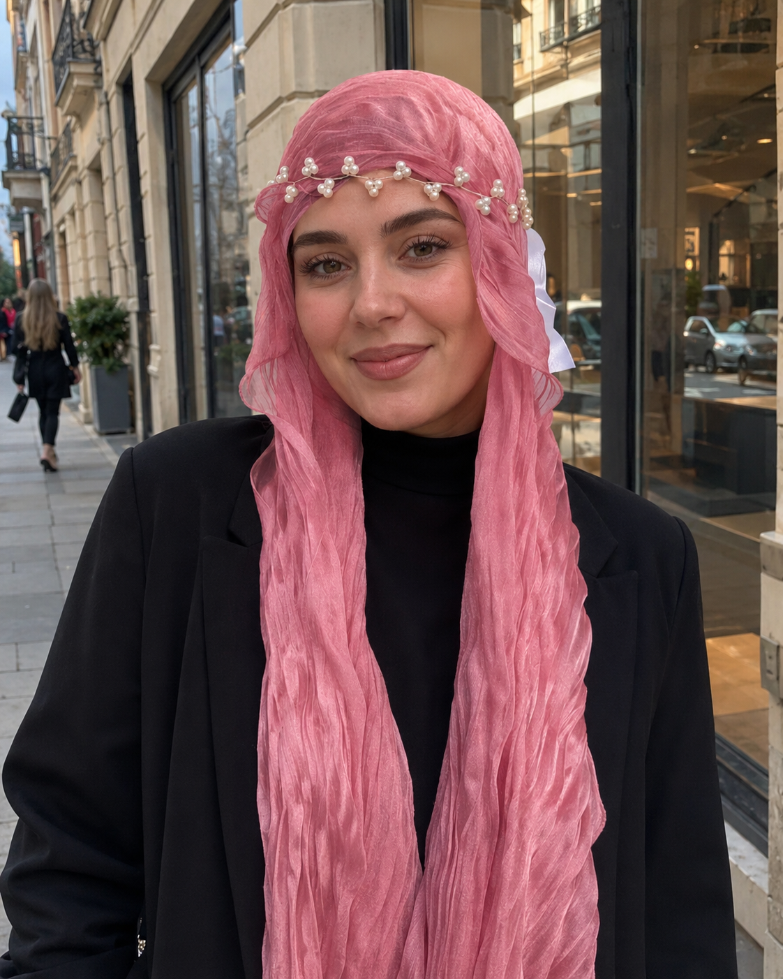 RY309 Rose Pink Crinkled Tulle Hijab Scarf – Glossy Stretch Breathable Headscarf