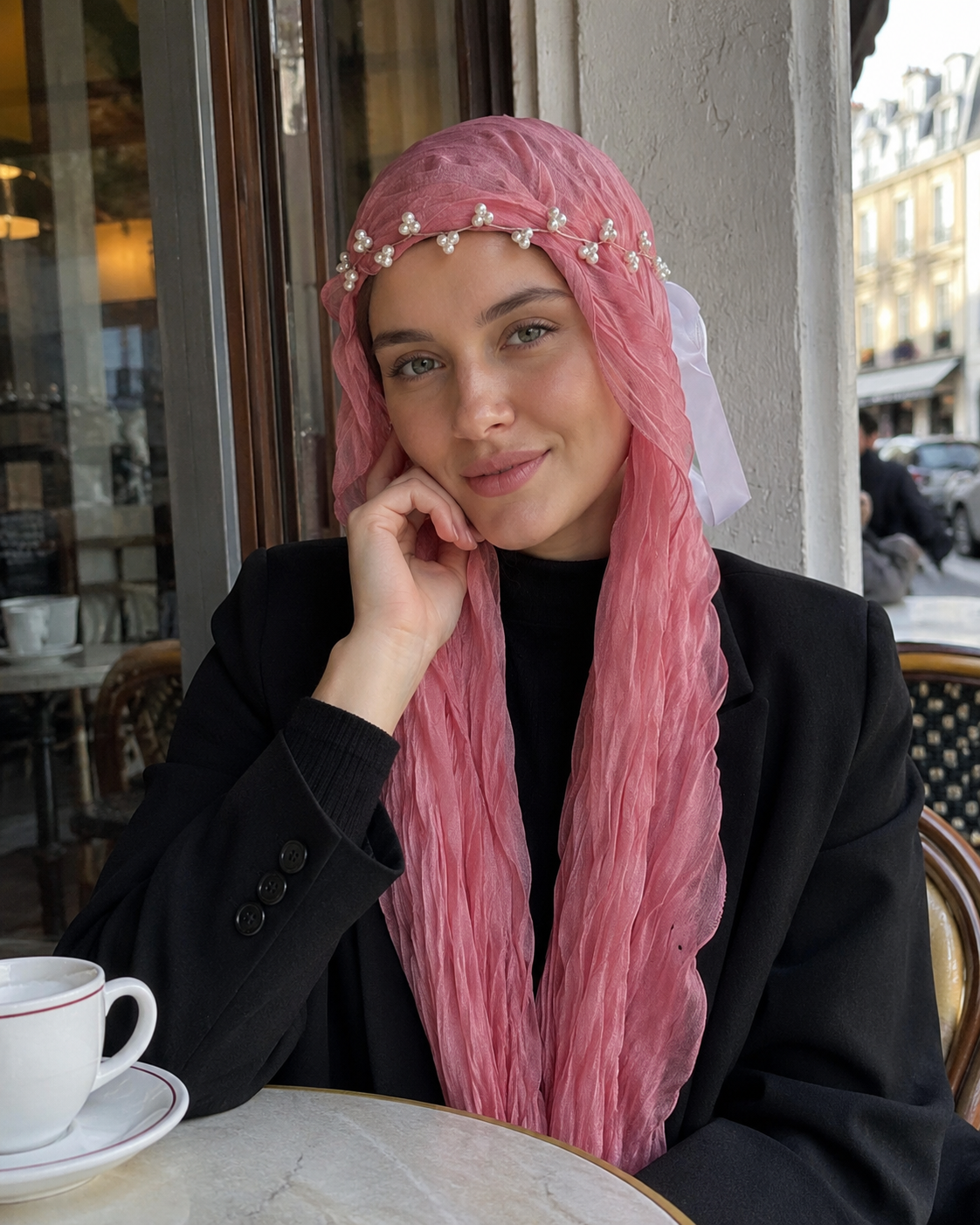 RY309 Rose Pink Crinkled Tulle Hijab Scarf – Glossy Stretch Breathable Headscarf