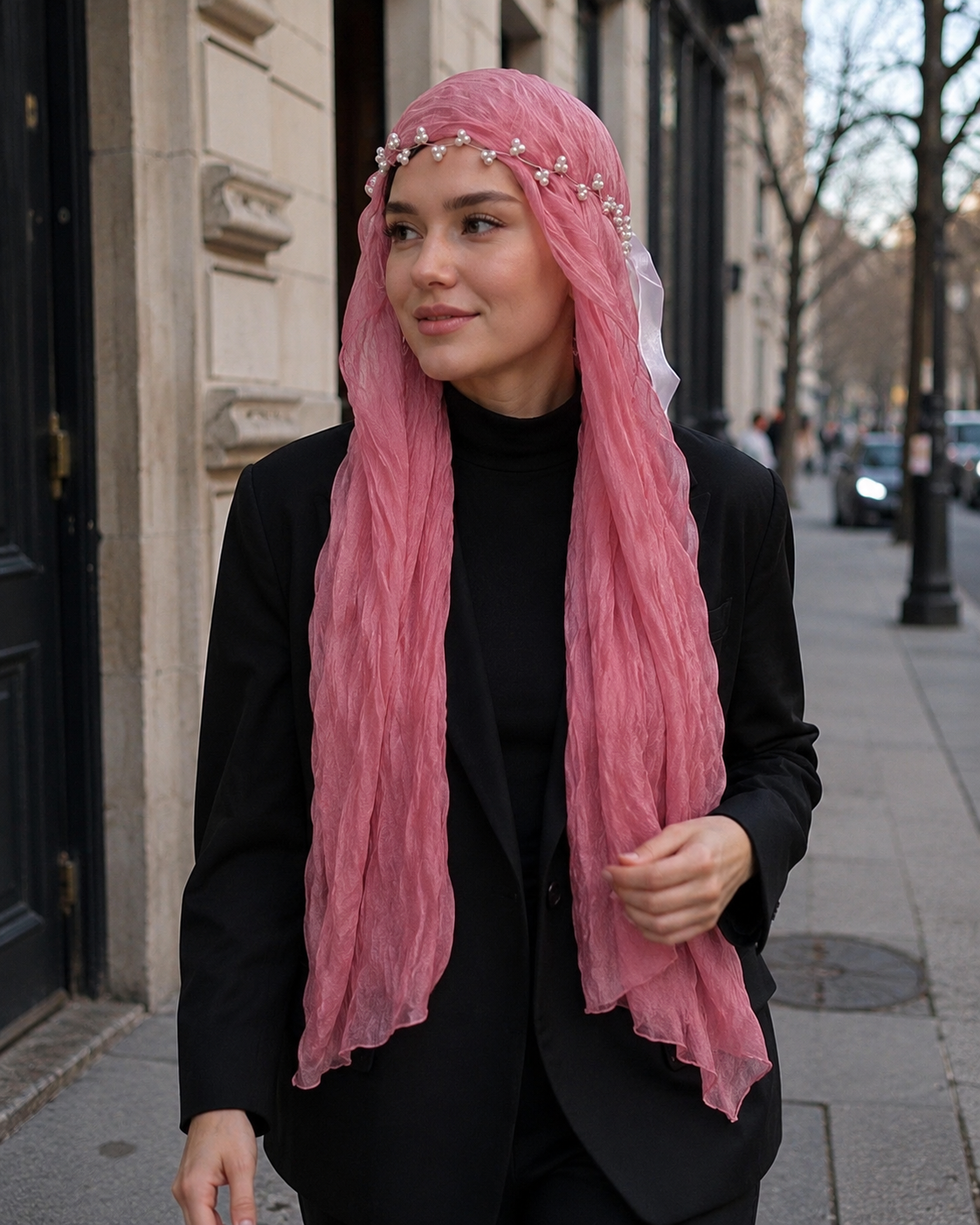 RY309 Rose Pink Crinkled Tulle Hijab Scarf – Glossy Stretch Breathable Headscarf