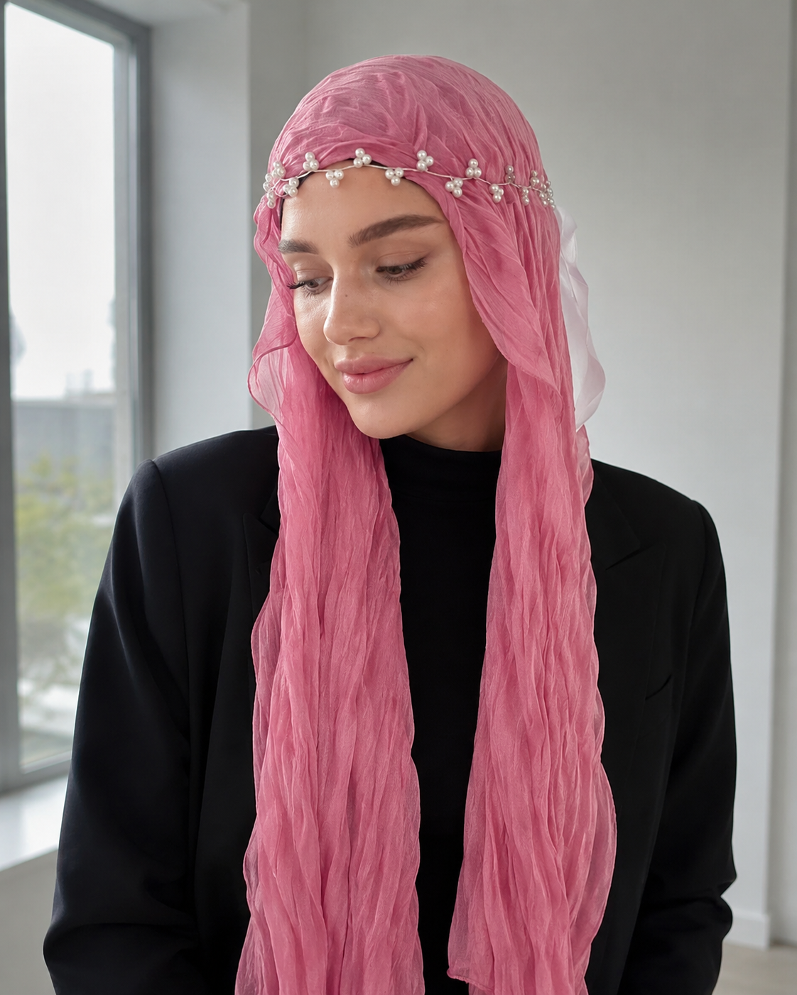 RY309 Rose Pink Crinkled Tulle Hijab Scarf – Glossy Stretch Breathable Headscarf