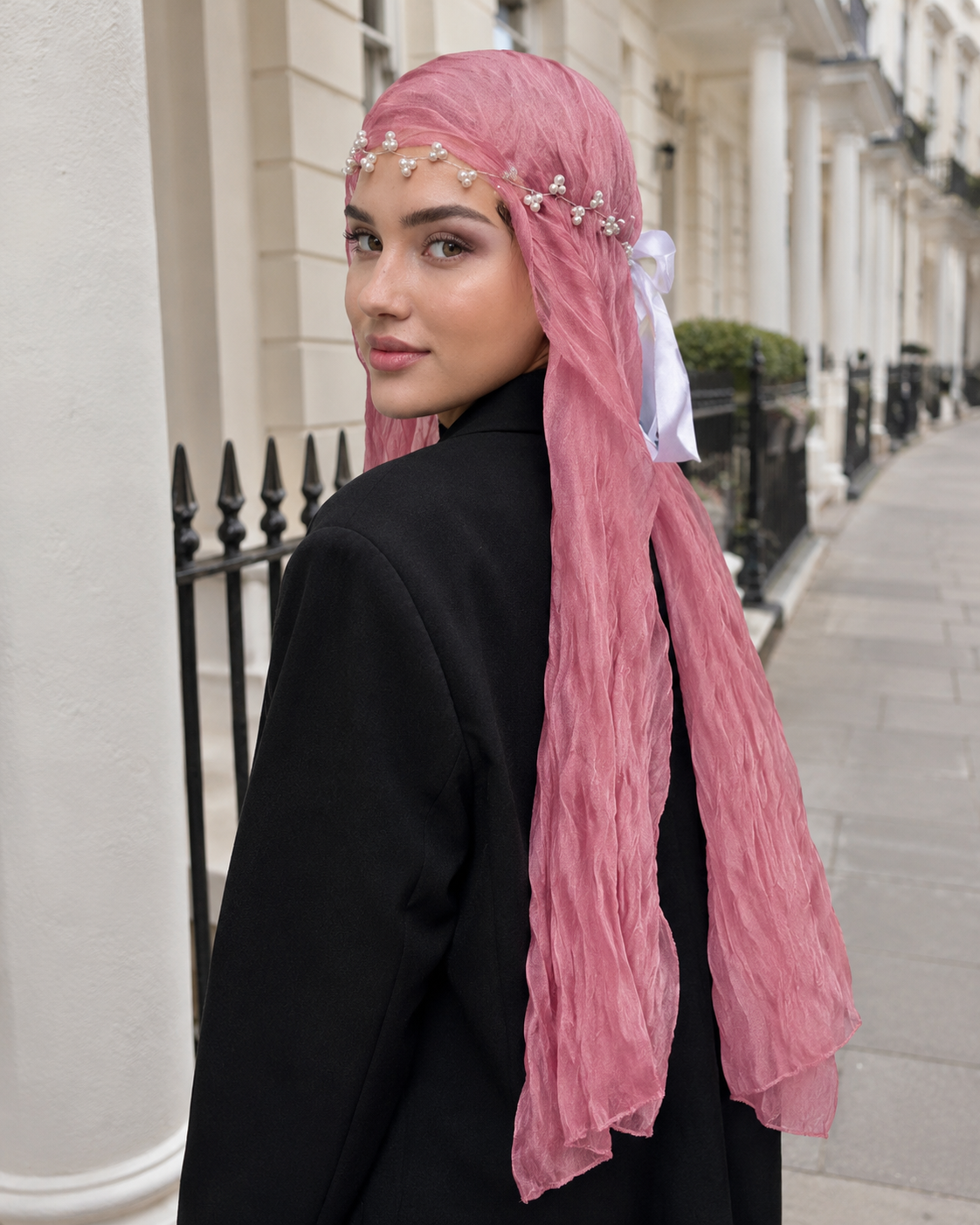 RY309 Rose Pink Crinkled Tulle Hijab Scarf – Glossy Stretch Breathable Headscarf