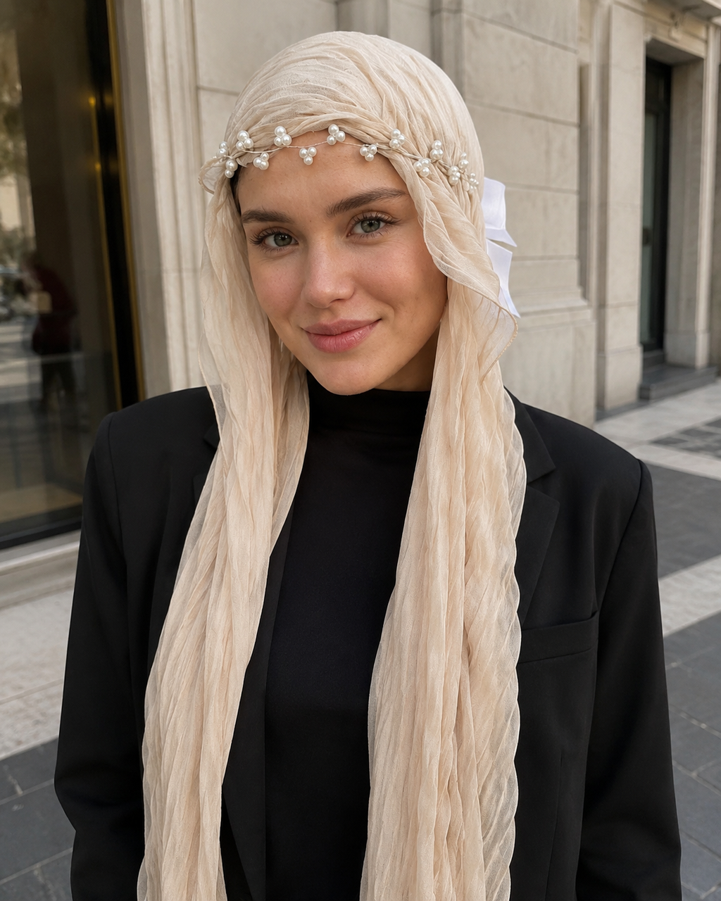 RY310 Beige Crinkled Tulle Hijab Scarf – Glossy Stretch Breathable Headscarf