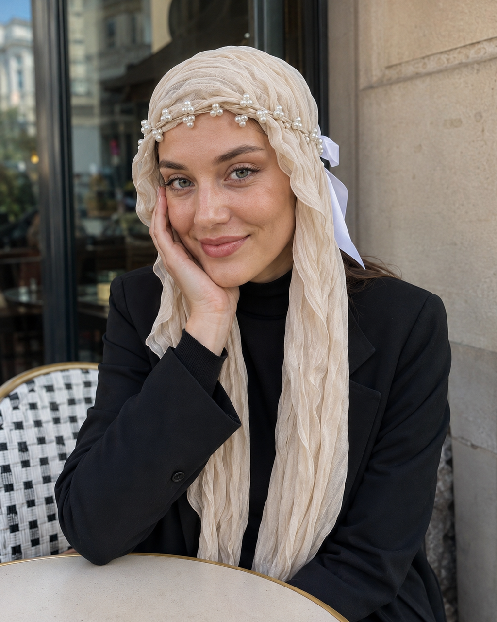 RY310 Beige Crinkled Tulle Hijab Scarf – Glossy Stretch Breathable Headscarf
