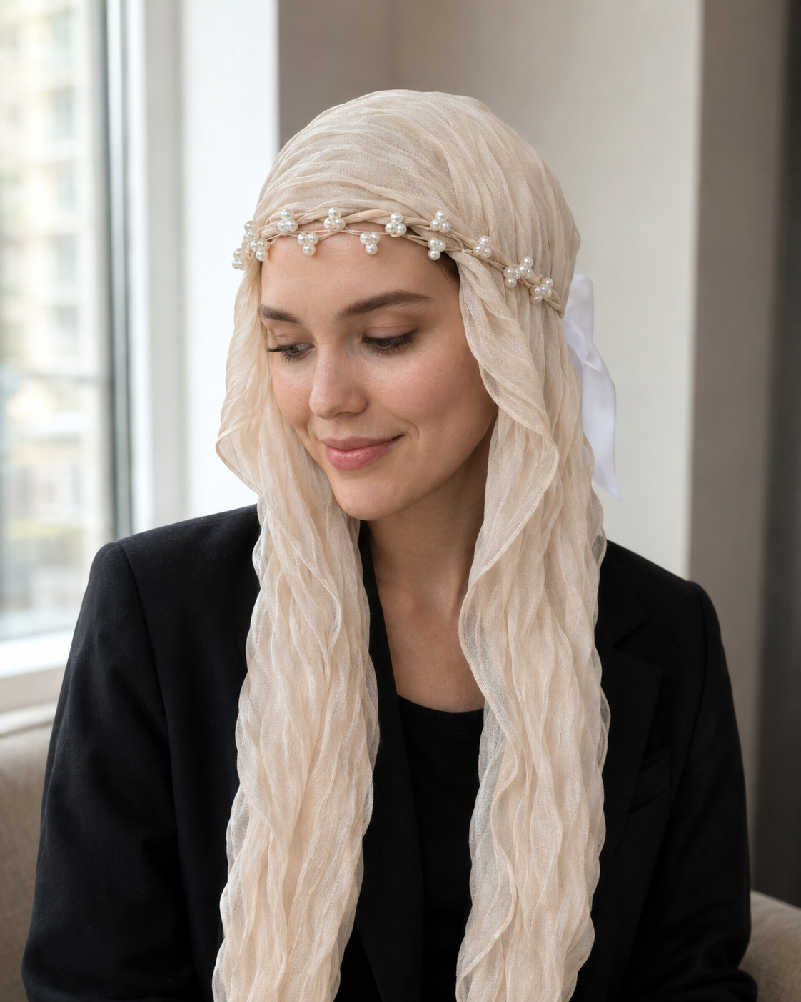 RY310 Beige Crinkled Tulle Hijab Scarf – Glossy Stretch Breathable Headscarf