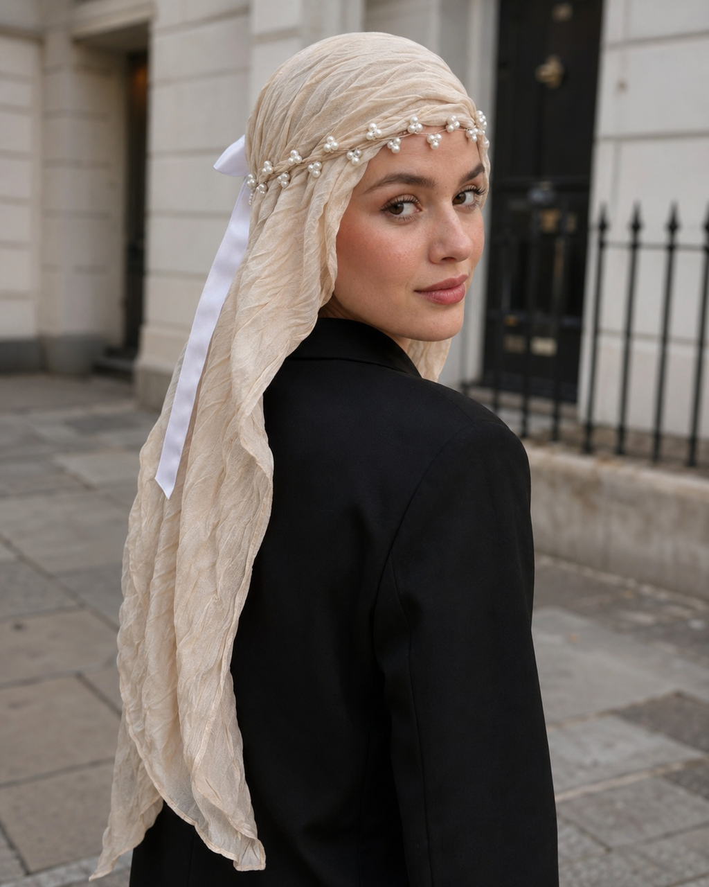 RY310 Beige Crinkled Tulle Hijab Scarf – Glossy Stretch Breathable Headscarf