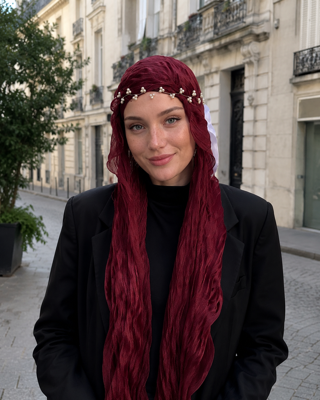 RY311 Deep Burgundy Crinkled Tulle Hijab Scarf – Glossy Stretch Breathable Headscarf
