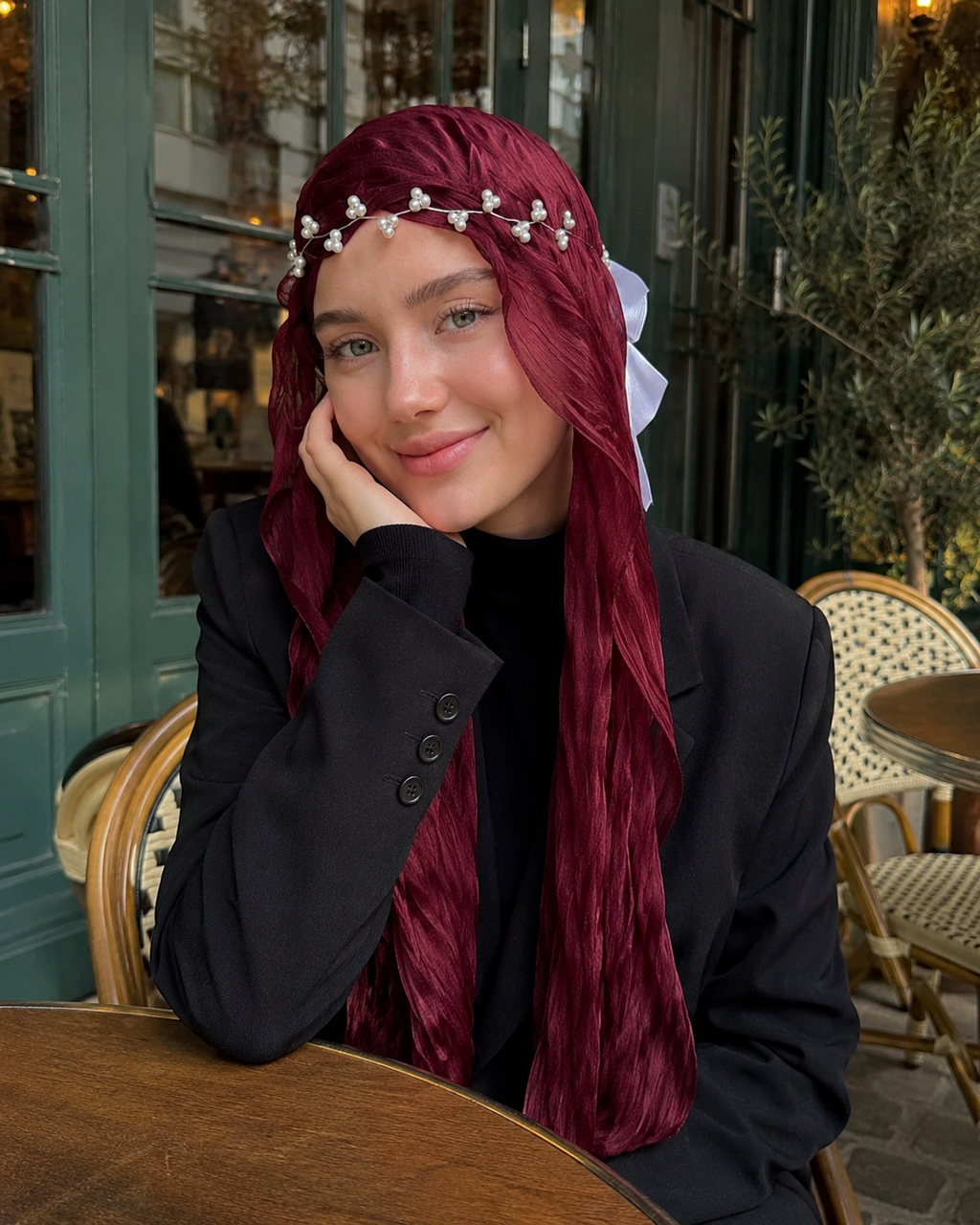 RY311 Deep Burgundy Crinkled Tulle Hijab Scarf – Glossy Stretch Breathable Headscarf