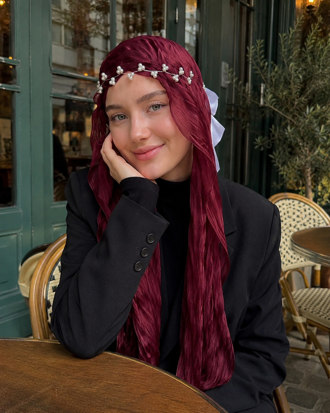 RY311 Deep Burgundy Crinkled Tulle Hijab Scarf – Glossy Stretch Breathable Headscarf