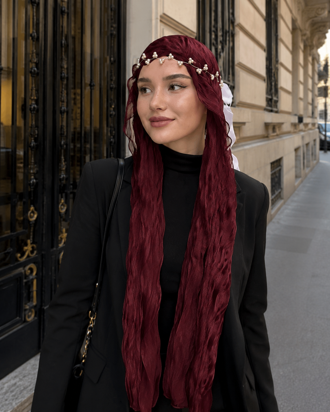 RY311 Deep Burgundy Crinkled Tulle Hijab Scarf – Glossy Stretch Breathable Headscarf
