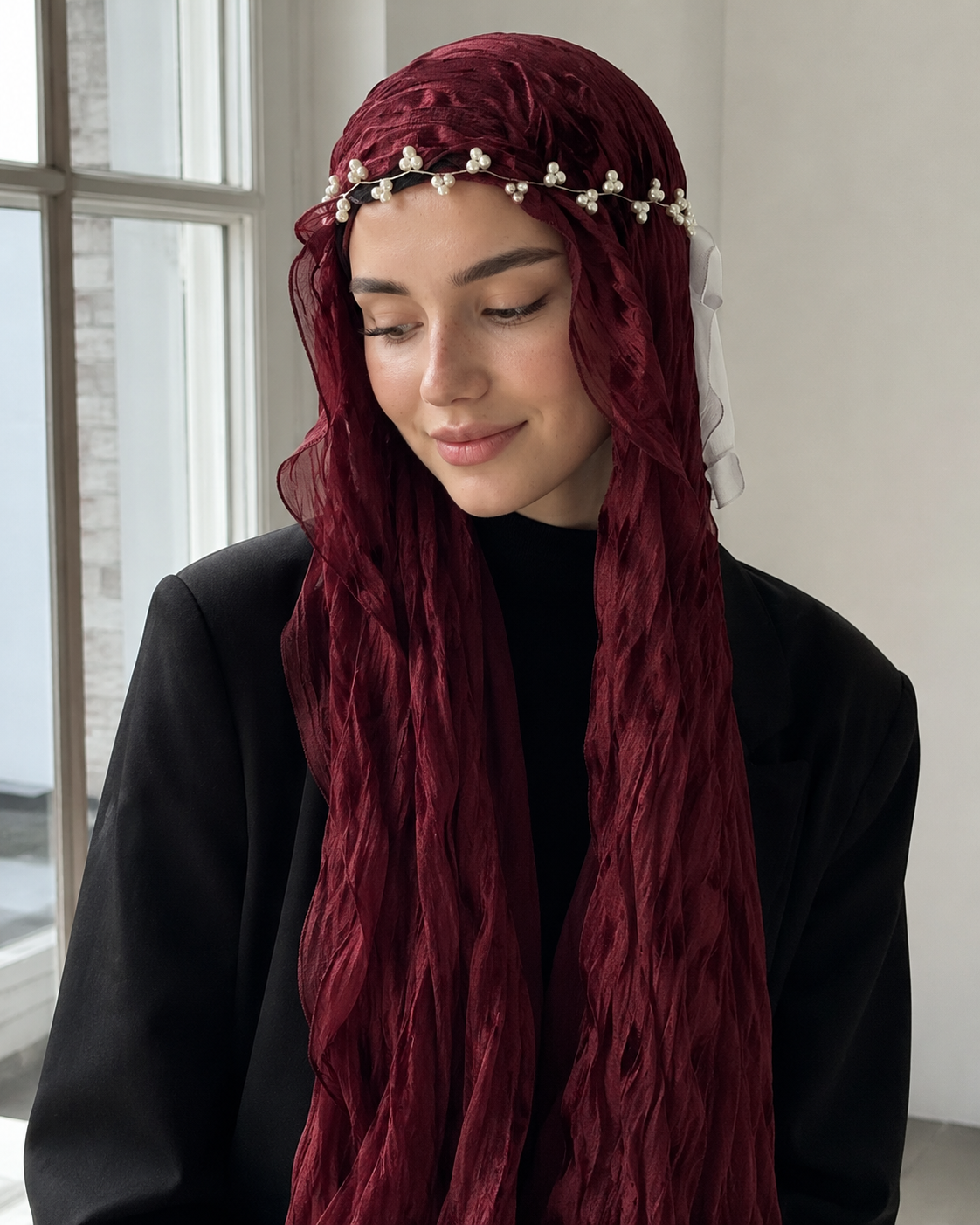 RY311 Deep Burgundy Crinkled Tulle Hijab Scarf – Glossy Stretch Breathable Headscarf