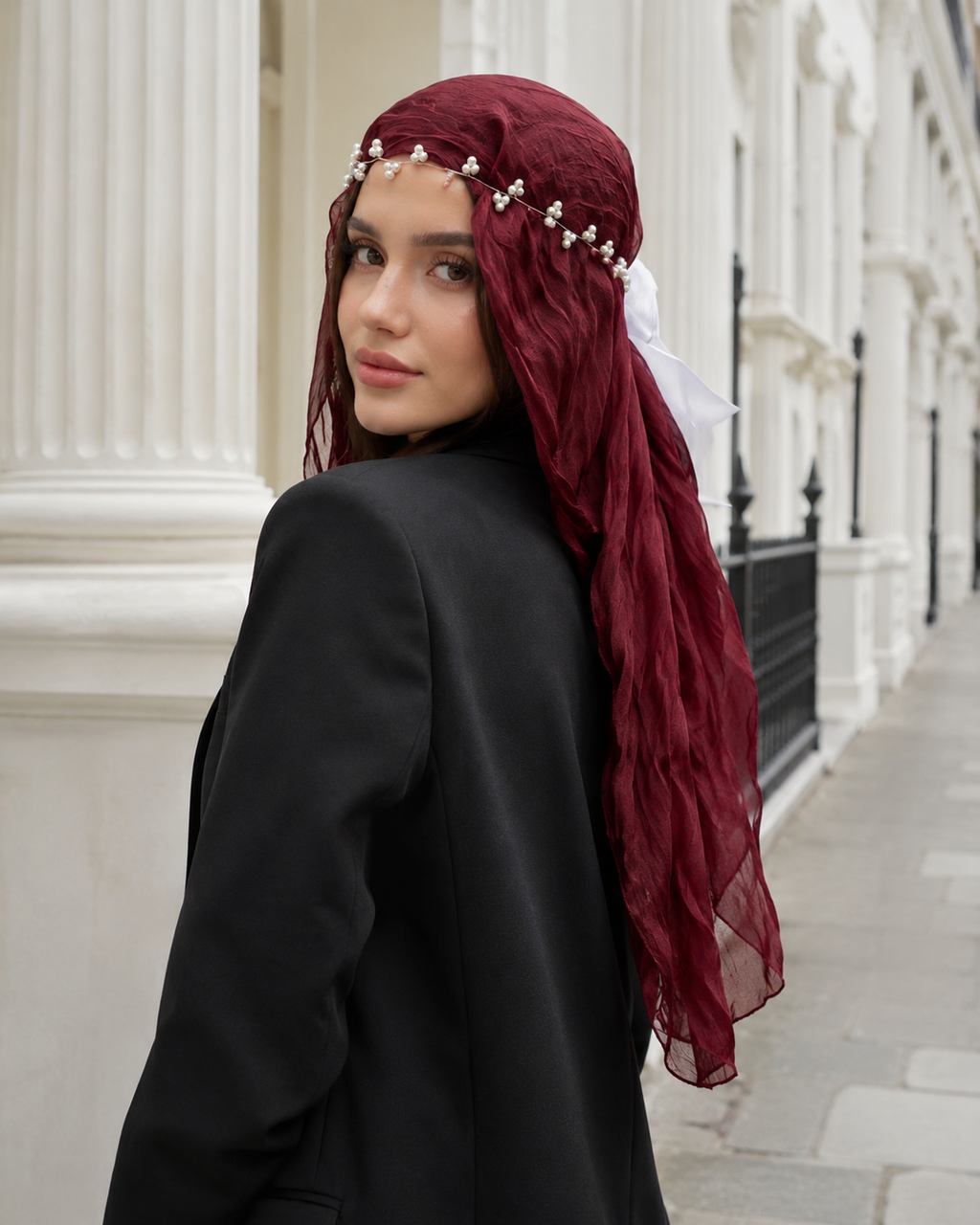 RY311 Deep Burgundy Crinkled Tulle Hijab Scarf – Glossy Stretch Breathable Headscarf