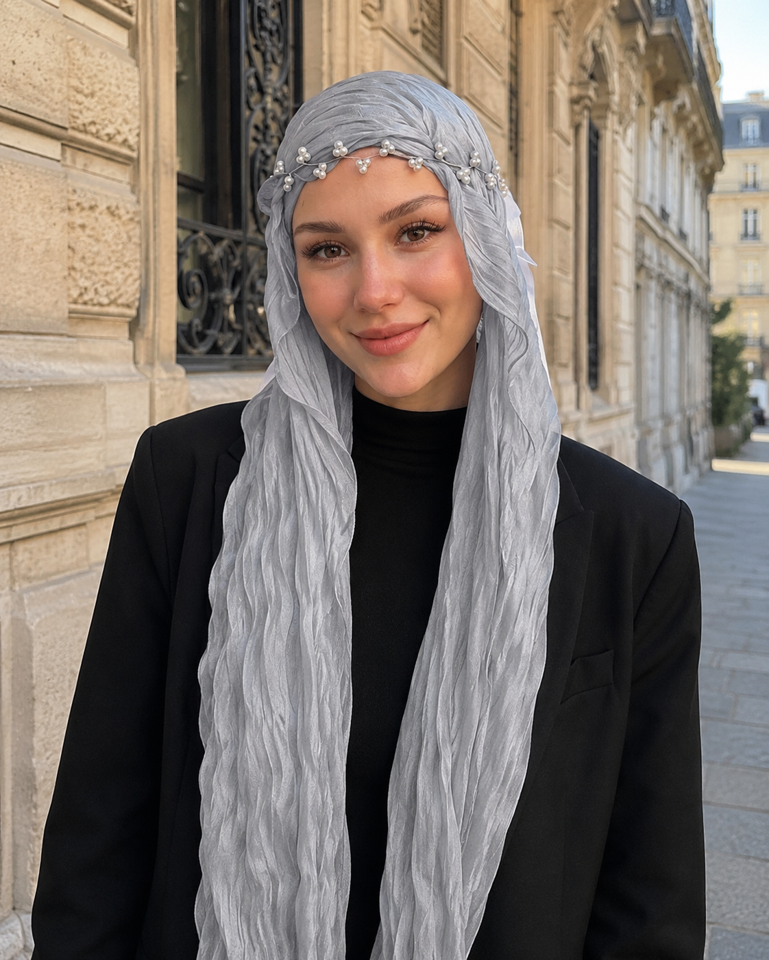 RY312 Light Gray Crinkled Tulle Hijab Scarf – Glossy Stretch Breathable Headscarf