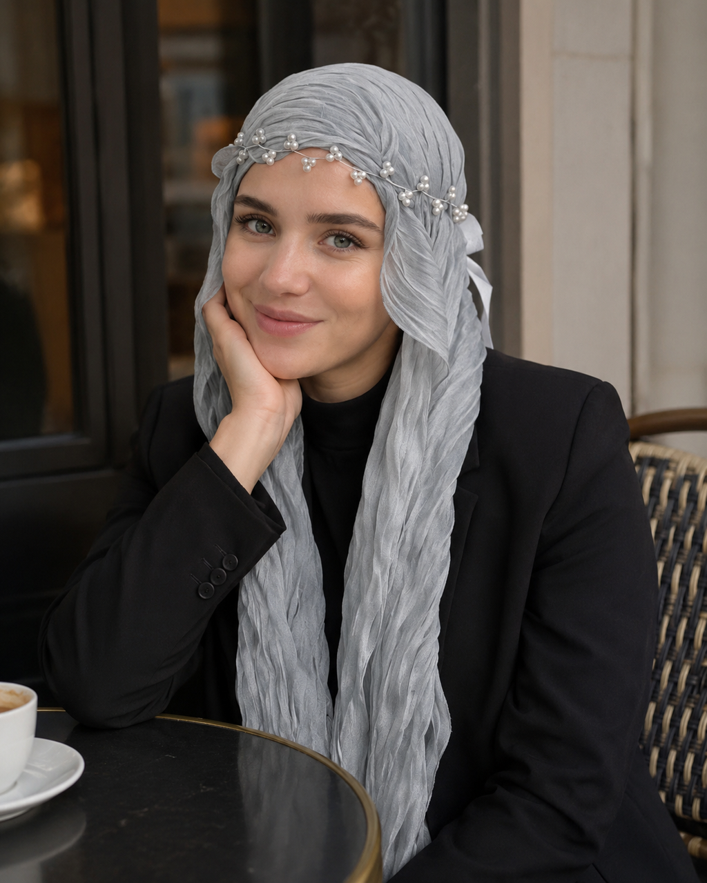 RY312 Light Gray Crinkled Tulle Hijab Scarf – Glossy Stretch Breathable Headscarf