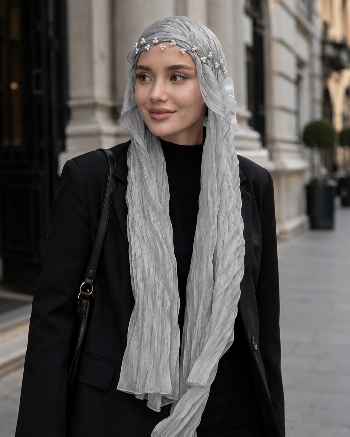RY312 Light Gray Crinkled Tulle Hijab Scarf – Glossy Stretch Breathable Headscarf
