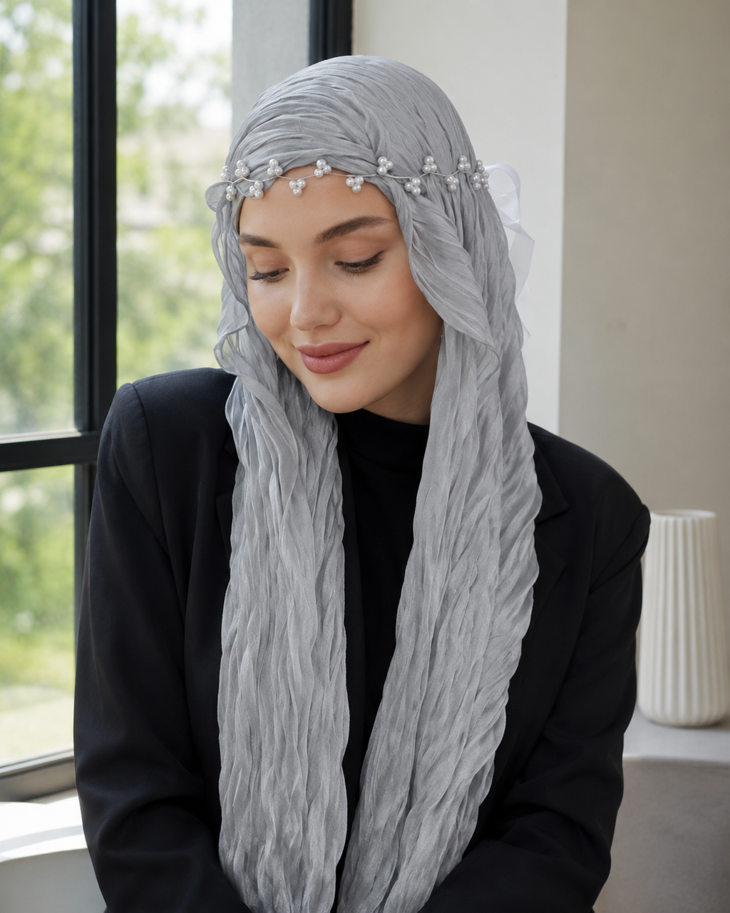 RY312 Light Gray Crinkled Tulle Hijab Scarf – Glossy Stretch Breathable Headscarf