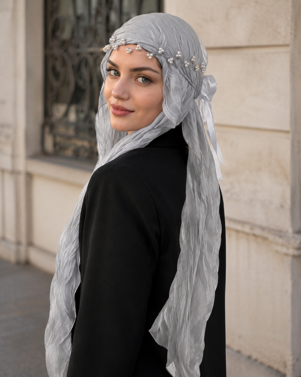 RY312 Light Gray Crinkled Tulle Hijab Scarf – Glossy Stretch Breathable Headscarf