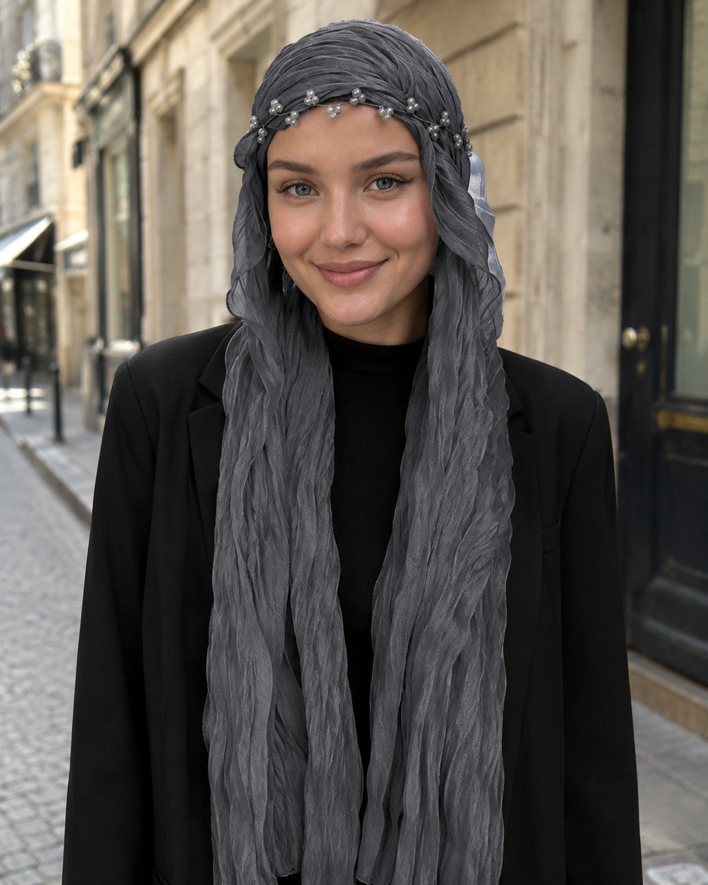 RY313 Dark Gray Crinkled Tulle Hijab Scarf – Glossy Stretch Breathable Headscarf