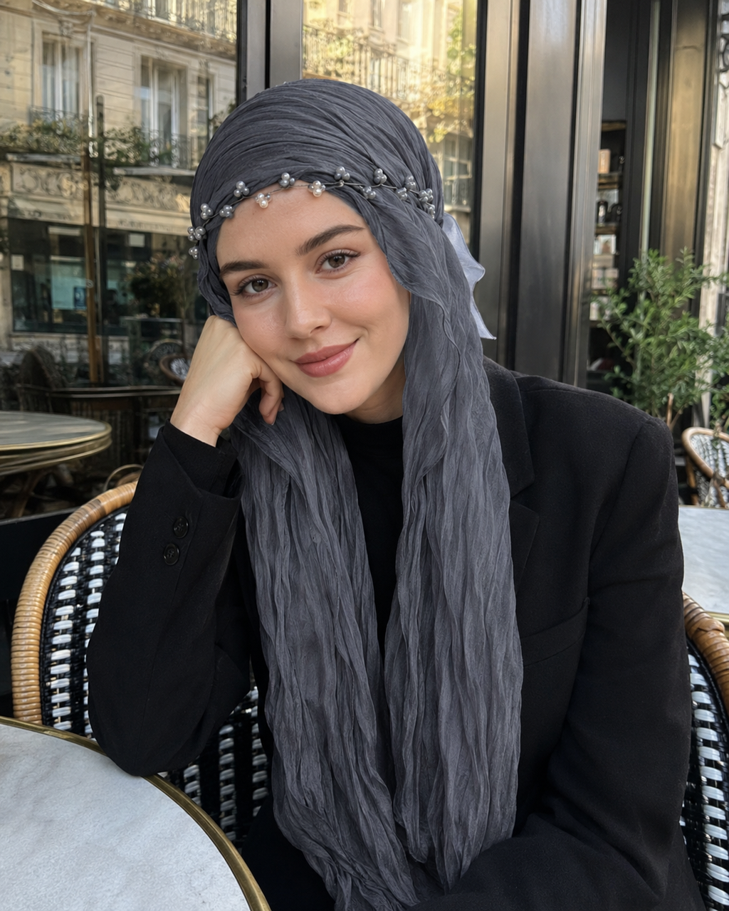 RY313 Dark Gray Crinkled Tulle Hijab Scarf – Glossy Stretch Breathable Headscarf