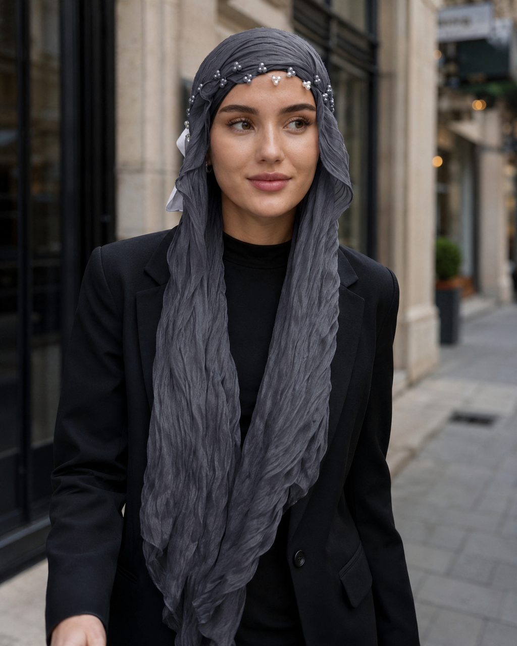 RY313 Dark Gray Crinkled Tulle Hijab Scarf – Glossy Stretch Breathable Headscarf