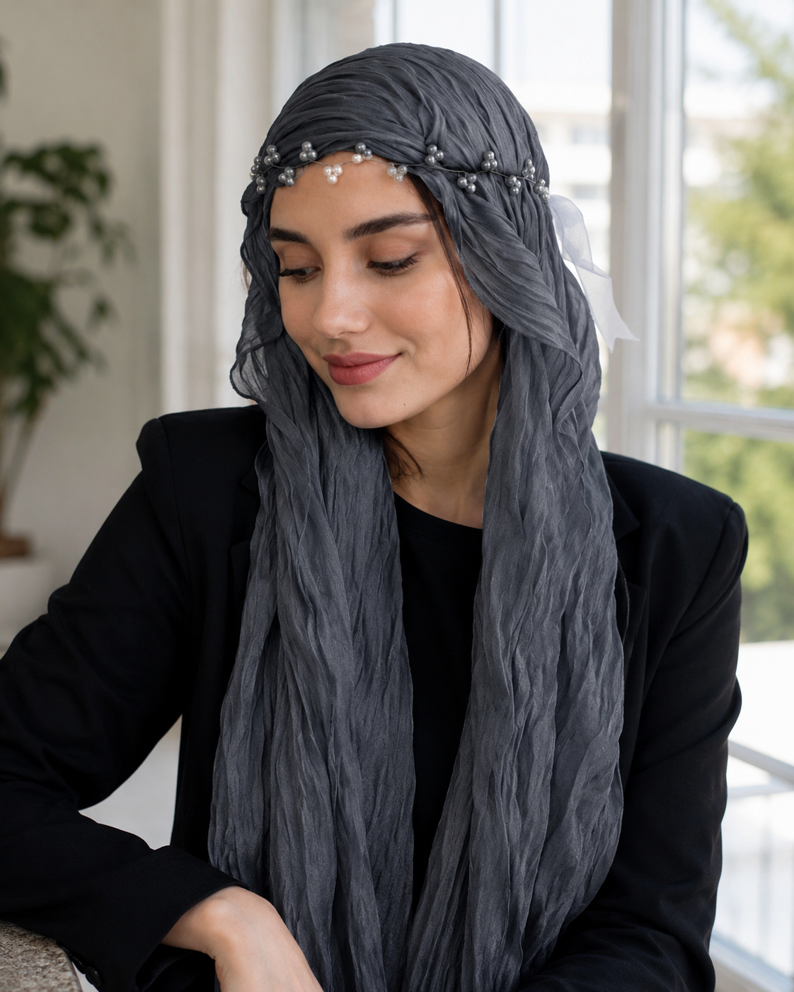 RY313 Dark Gray Crinkled Tulle Hijab Scarf – Glossy Stretch Breathable Headscarf