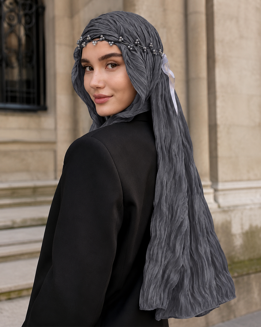 RY313 Dark Gray Crinkled Tulle Hijab Scarf – Glossy Stretch Breathable Headscarf